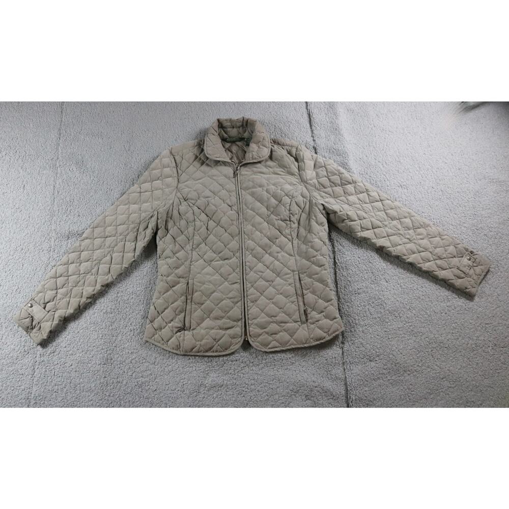 Eddie Bauer Goose Down Jacket Womens Brown Beige L Quilted Puffer 650 Fill Power